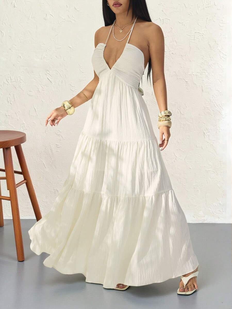 SHEIN PETITE 女士浪漫印花沙滩度假露背吊带V领褶皱A字连衣裙，适合夏季夏威夷度假，也适合女士夏季连衣裙、下午茶会连衣裙和白色毕业礼服。 - 白色 - 查看 1