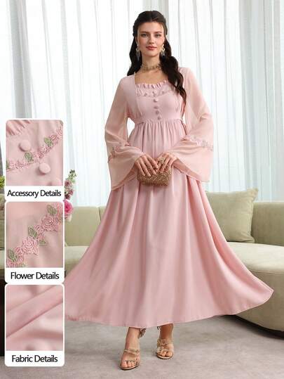 Al Najma 斋月浪漫方领喇叭袖飘逸长款连衣裙，修身显瘦，春夏款