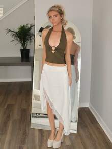 Sydney Algeri Elegant High Street Halter Neck Circular Decor Sleeveless Top, Light Blue, Spring/Summer - Army Green - View 4