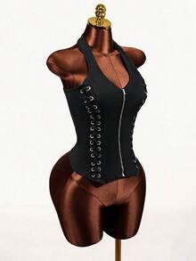 Mistrie 女士交叉露背牛仔吊带上衣 - 藍色 - 查看 6