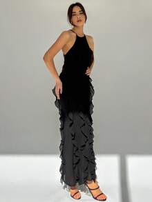 Aloruh Váy không tay hở lưng nhiều lớp nhún bèo trơn phong cách nữ thần thanh lịch mùa xuân/hè có tác dụng làm thon gọn và tăng chiều cao, váy dài bó sát màu đen trơn không tay dây mảnh thanh lịch cho nữ, trang phục dự tiệc/hộp đêm mùa xuân/hè - màu đen - Xem 5