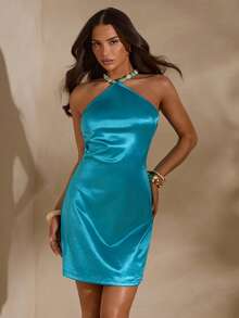 SHEIN Glamour Luxury Sexy Knit Halter Backless Dress With Pearl Collar Decor, Suitable For Couple Dates, Parties, And Gatherings With Friends Satin Dress Aqua Blue Dress Satin Mini Dress Elegant Women Mini Dresses Turquoise Dress Women Halter Neck Dress For Woman Dresses For Women,Beach Vacation Outfit,Summer Outfits - Blue - View 3