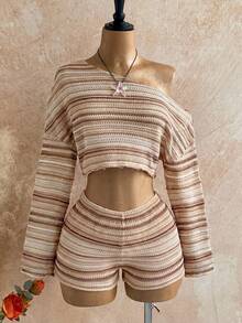 Soleia Women's Striped Asymmetrical Shoulder Long Sleeve Top And Shorts 2-Piece Set - Brown - View 7