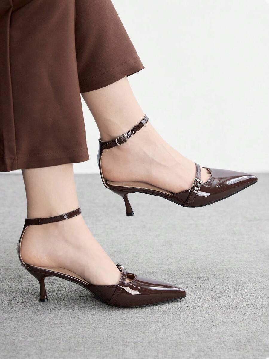 CUCCOO BIZCHIC Giày cao gót nữ, kiểu dáng retro màu nâu bóng, gót nhọn có khóa đôi và gót khoét rỗng, giày đa năng cho mùa xuân và mùa hè, phù hợp cho công sở và hẹn hò. - màu nâu - Xem 1