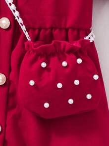 Robe rouge unie confortable pour jeune fille, pour l'école, les activités extérieures, les fêtes, avec col, manches bouffantes, cardigan, comprend un mini sac, été - Rouge foncé - Voir 5