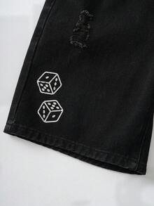 MONOPOLY X SHEIN Quần short rách họa tiết hoạt hình phong cách thường ngày cho bé trai tuổi teen, mùa hè. - màu đen - Xem 7