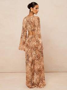 Lumalex 条纹雪纺面料落肩宽袖抽绳长裤，时尚优雅度假沙滩两件套 - 彩色 - 查看 3