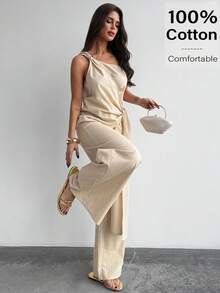 Firerie 优雅纯色精致休闲日常通勤新款街头时尚100%纯棉两件套女装，智能可调节腰部褶皱衬衫和裤子套装，新款简约优雅日常通勤杏色竹纤维V领上衣配腰带和高腰直筒阔腿裤套装，女士夏季棉质休闲套装 - 杏色 - 查看 5