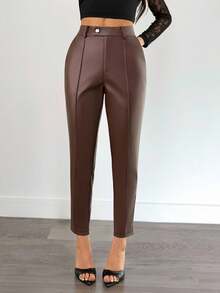 SHEIN PETITE 女士纯色口袋PU皮革前缝裤棕色皮裤女士棕色裤子女士皮裤女士商务休闲裤外出春夏秋季棕色裤子女士春夏裤 - 棕色 - 查看 8