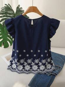 SHEIN Cosyjoi Áo kiểu nữ cỡ lớn thoải mái tay loe, viền thêu, màu trắng, thích hợp mặc đi làm, hẹn hò, đi nghỉ mát, mẫu mới mùa xuân/hè. - Xanh và trắng - Xem 2