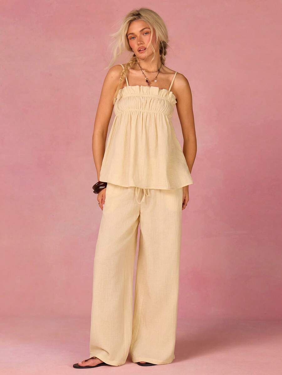 Athîral Cream Ruched Camisole Top And Tie Front Wide Leg Pants 2 Pieces Set For Women - Yellow - View 1