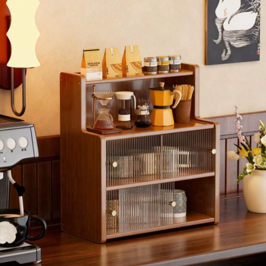 Natural Bamboo Storage Rack, Double-Layer Bamboo Kitchen Storage Rack With Dust Cover, Seasoning Jar Rack, Countertop Storage Rack, Suitable For Cups, Seasonings, Books, And Flower Pots - Multifunctional Storage Rack, Perfect For Home And Office Use. - Multicolor - View 1