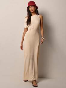 COSMINA Women's Long Dress, Oblique Shoulder Dress, Knitted Elastic Dress, Elegant Dress, Apricot Dress, Casual Daily Summer Dress - Apricot - View 4