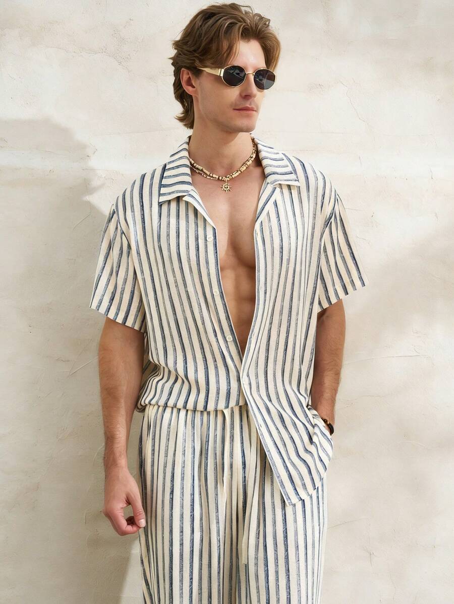 Airaco Men's Striped Short Sleeve Single-Breasted Shirt And Pants Casual Suit Vintage Outfit For Men Men Clothes Two Piece Mens Summer Holiday Clothes Linen Two Piece Set For Men Beach Outfit For Men Top Vacation Outfits For Men Linen Two Piece Set Men - Black and White - View 1