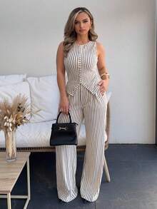 Jeta Ari Elenzga 女士时尚纯色纹理两件套，包括无袖圆领纽扣修身背心和高腰宽松直筒裤，优雅通勤风格 - 杏色 - 查看 5