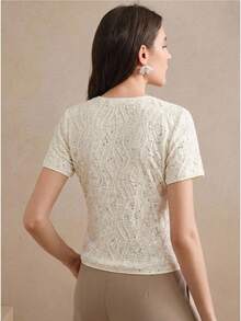 Anewsta 女士春夏新款手工刺绣串珠圆领情人节日常穿着修身亮片装饰奢华时尚设计杏色短袖T恤 - 杏色 - 查看 7