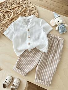 LMoss Kids LMoss 2pcs Baby Boy Woven Solid Color Collared Shirt And Pants Set Textured Mandarin Collar Versatile Shorts Boys Clothes Two Piece Summer Sets - Multicolor - View 5
