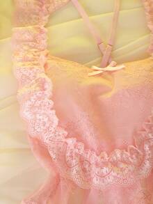 粉色蕾丝交叉露背吊带睡裙，3D荷叶边蝴蝶结薄纱工艺 - 藕粉色 - 查看 4