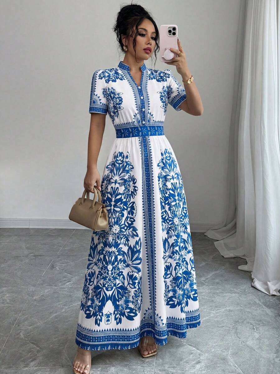 SHEIN Clasi Women's Floral Print Notched Neck Elegant Short Sleeve Dress,Summer Clothes,Summer Outfit For Women Long Dress Summer Women Long Boho Dress Maxi Vacation Dress Casual Long Dress Blue And White Dress Women  Summer Vacation Outfits Women Going Out Outfits - Blue and White - View 1
