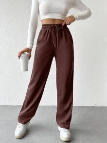 EURMUSE Women's Elastic Waist Drawstring Side Stripe Straight Loose Sweatpants - Brown - View 4