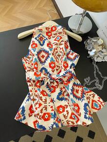 Resyla 女士几何图案扭结设计无袖休闲上衣 - 彩色 - 查看 2