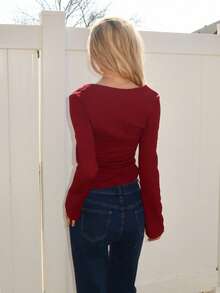 Sydney Algeri 女士万圣节、感恩节、新年、派对、通勤、日常、旅行、度假皆宜。红色紧身上衣，酒红色纹理蕾丝饰边蝴蝶结设计喇叭袖弹力T恤，春/秋/冬季款。 - 酒紅色 - 查看 2