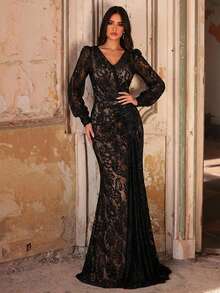 Serin Elegant Luxurious Embroidered Elastic Lace Puff Sleeve Ruched Fishtail Dress With Rhinestone Buttons, Suitable For Weddings, Parties, Vacations, Galas, Holidays, Bride, Mother Of The Bride Evening Gowns - Navy Blue - View 2