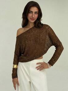 Aloruh 女士时尚性感亮片镂空不对称针织T恤 - 棕色 - 查看 3