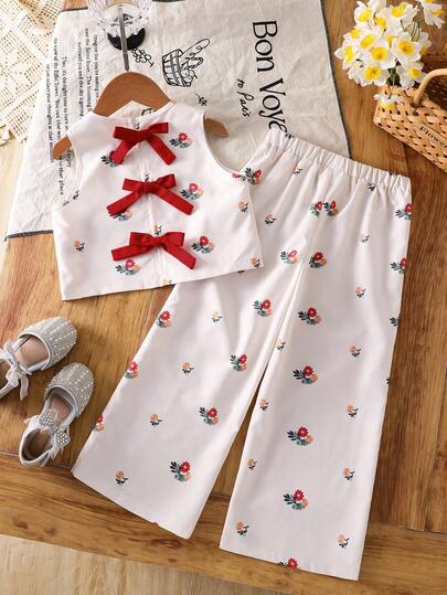 SHEIN Young Girl Ditsy Floral Bow Decor Camisole And Wide Leg Pants Set