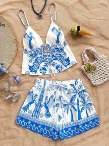 Soleia Women's Casual Printed Camisole & Shorts 2 Pieces Set, Summer - Baby Blue - View 1