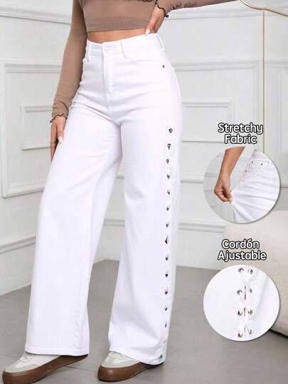 Jeans Rectos de Alta Elasticidad de Cintura Media con Cordones Laterales de Color Blanco para Mujer, Pantalones que Levantan las Nalgas