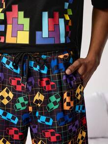 Tetris™ X SHEIN 男士宽松圆领短袖T恤和短裤睡衣套装，设计 - 黑色 - 查看 8