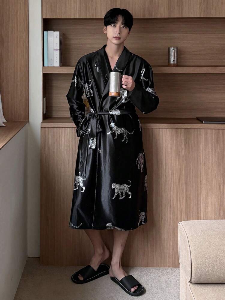 Men's Long Sleeve Floral Print Belted Robe, Spring