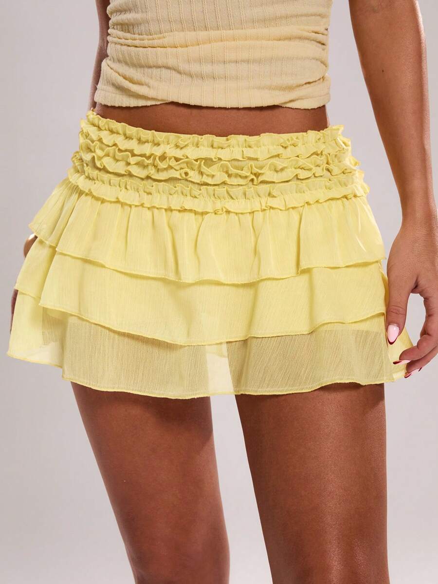 SHEIN BAE Chiffon Ruffle Hem Mini Skirt With Lining, Suitable For Beach Vacation, Music Festival, Summer, Sexy And Cute Mini Skirt - Light Yellow - View 1