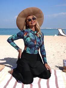 Swim Mulvari 2件套秋冬新款热带花卉印花长袖上衣搭配荷叶边沙滩裙和纯黑色长裤，休闲度假沙滩泳装女装 - 彩色 - 查看 4