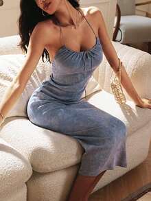 Zyxie Women's Backless Halter Neck Fitted Long Dress - Grey - View 4