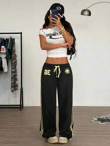 Muchica Black Knit Printed Casual Collegiate Style Pants,Summer Outfits For Women , Women's Joggers - Black - View 5