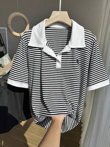 SHEIN EZwear Summer Casual 2-Piece Set,Black And White Striped Horse Embroidery Contrast Collar T-Shirt&Loose Shorts,Bussines School Back-To-School Plus Size Suit - Multicolor - View 3