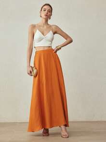 MOTF PREMIUM ELEGANT MINIMALIST LINEN A-LINE LONG SKIRT, SPRING/SUMMER - Orange - View 7