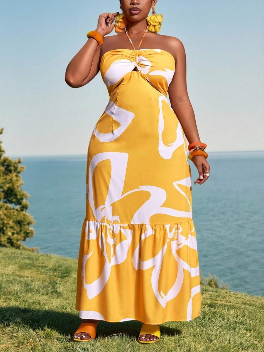 Veslaya 2026 SpringSummer Plus Size Women's Yellow Halter Hollow Back Cinched A-Line Maxi Dress, Boho Vacation Holiday Beach Resort Party Wedding Guest Gala - Multicolor - View 1