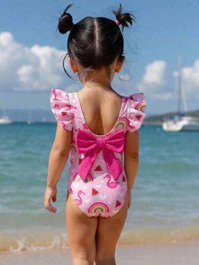 SHEIN Emery Rose Kids Traje de baño de una pieza con volantes, mangas cortas y lazo en la espalda para niña