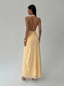 Aloruh White Flocked Elegant Backless Dress, Suitable For Valentine's Day And Wedding Season - Yellow - View 2