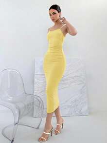 Aloruh Backless Tie-Back Spaghetti Strap Dress, Stretchy, Summer - Light Yellow - View 6
