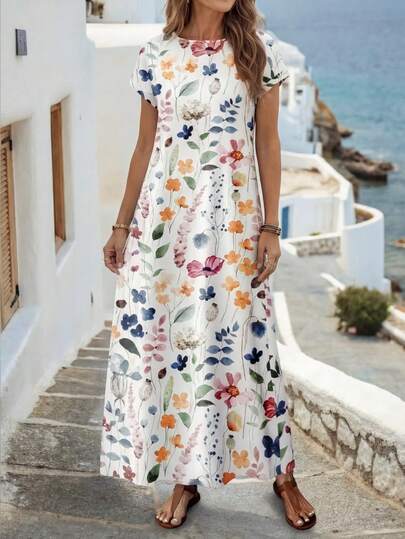 EMERY ROSE Casual Minimalist Versatile Ditsy Floral Dress For Women, Spring/Summer,Casual Dresses For Women Chic Dress