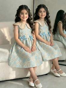 1件女童夏季新款花卉领提花织锦面料优雅蝴蝶结设计公主裙，适合派对、生日、休闲穿着。 - 藍色 - 查看 3