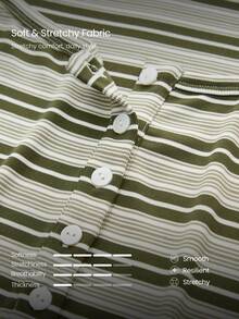 GLOWMODE Easy Day Soft Smooth Wrinkle-Resistant Striped Relaxed Fit Hip Length Curved Hem Raglan Sleeves Button-Down Top Daily Casual Wear - Green - View 4