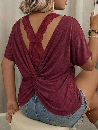 SHEIN VCAY Plus Size Women's Solid Color Round Neck Criss-Cross Back Casual Versatile Daily Wear Short Sleeve T-Shirt