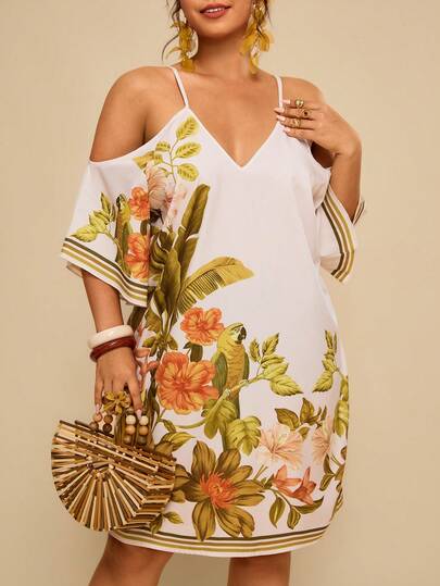 Travachic Plus Size Print Spaghetti Strap Off Shoulder Summer Dress