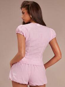 Athîral 女士格子V领单排扣褶裥短袖衬衫 - 淺粉色 - 查看 2