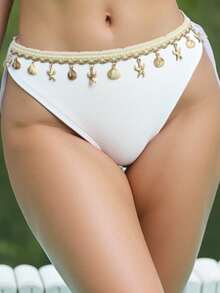 Swim Mod 2026 Spring/Summer Plus Size Swimwear Bottom, Ribbed Fabric, Ocean Shell Decor, Waist Tie Bow, Sexy Resort Beach Swimwear - White - View 3
